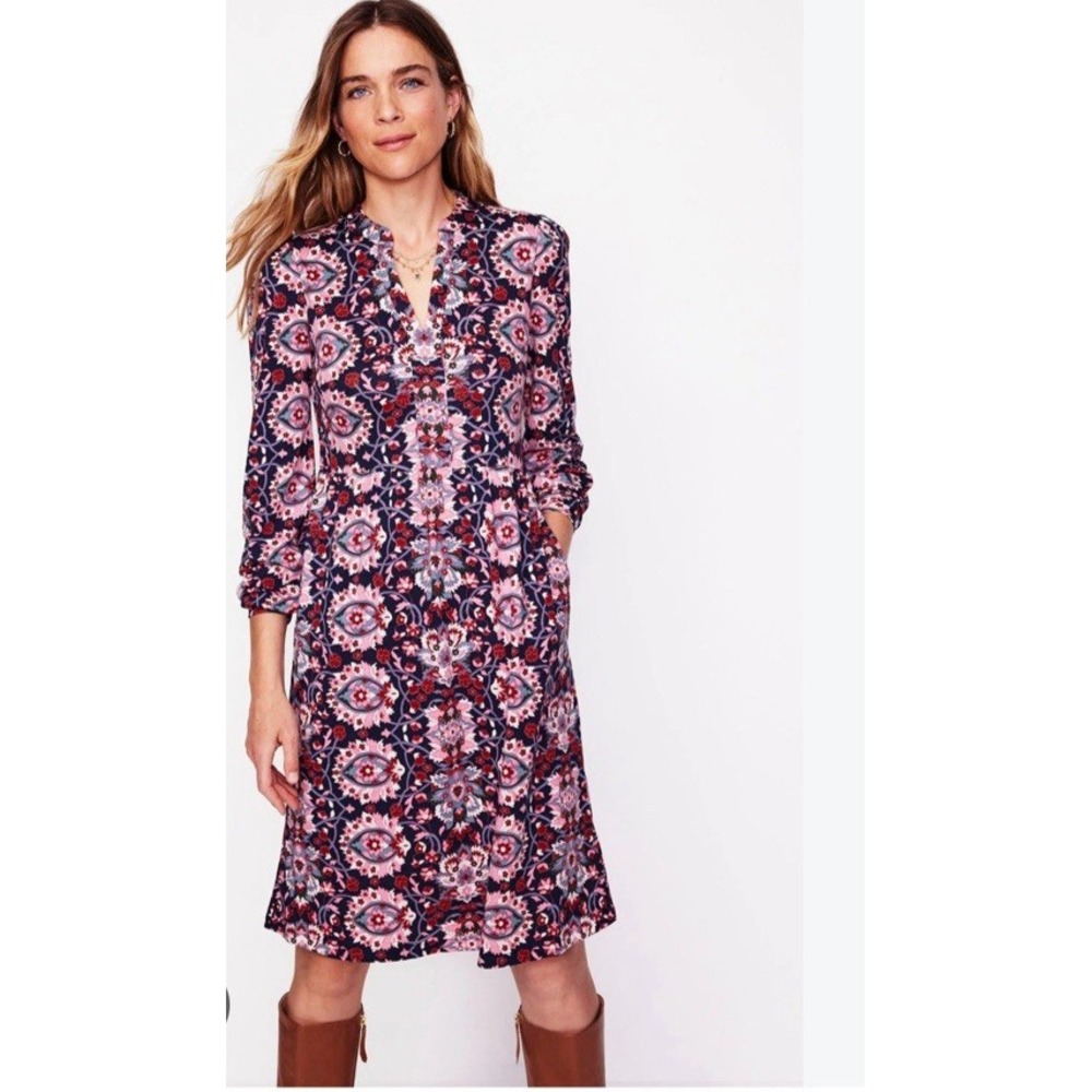 Boden Naomi Jersey Dress Blue Pink Long Sleeve Size 10